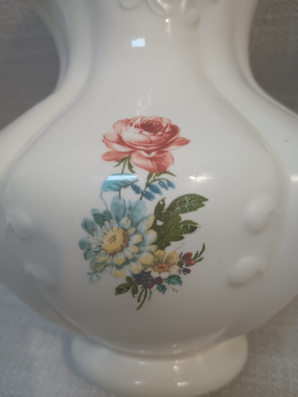 White Porcelain Victorian Pitcher with Pink Rose and Blue Floral Bouquet Vintage